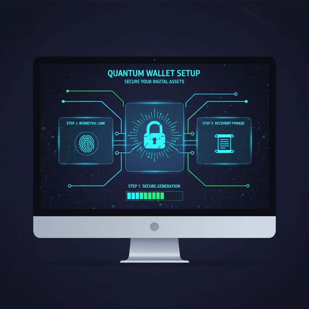 futuristic crypto wallet setup interface on desktop, secure blockchain theme, neon blues and greens