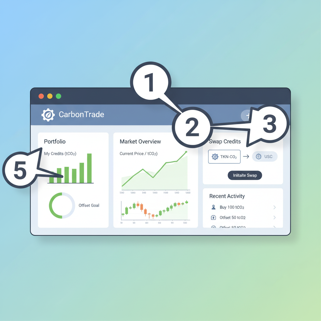 sleek web app dashboard for trading tokenized carbon credits, charts and swaps