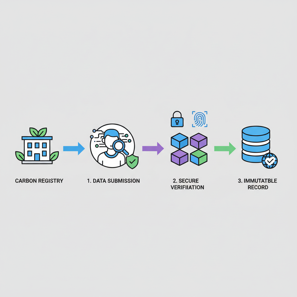 oracle data flow from carbon registry to blockchain, secure verification icons