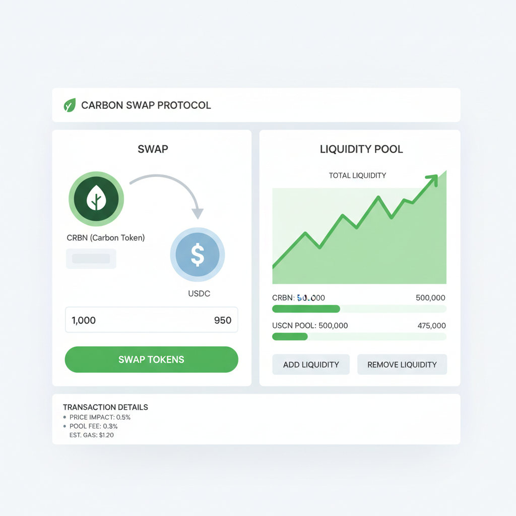 AMM liquidity pool interface with carbon tokens swapping, green liquidity charts