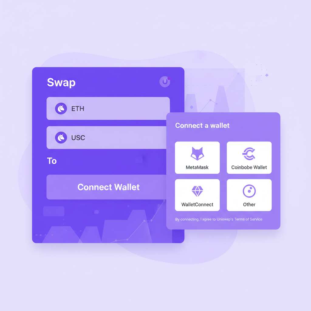 DeFi DEX dashboard connection screen, Uniswap interface with wallet popup, vibrant purple hues