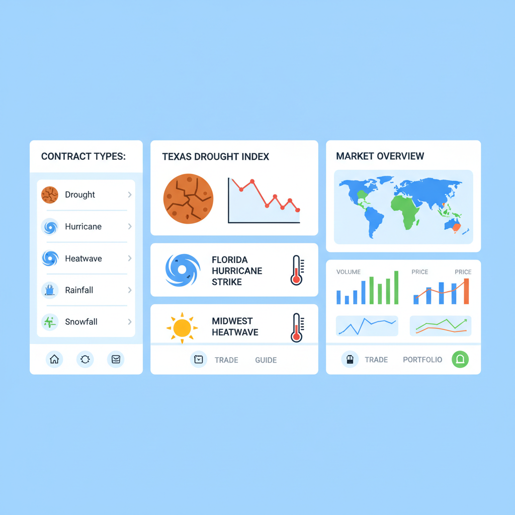 selection screen of weather perp contracts like Texas drought index, charts and maps, vibrant data viz