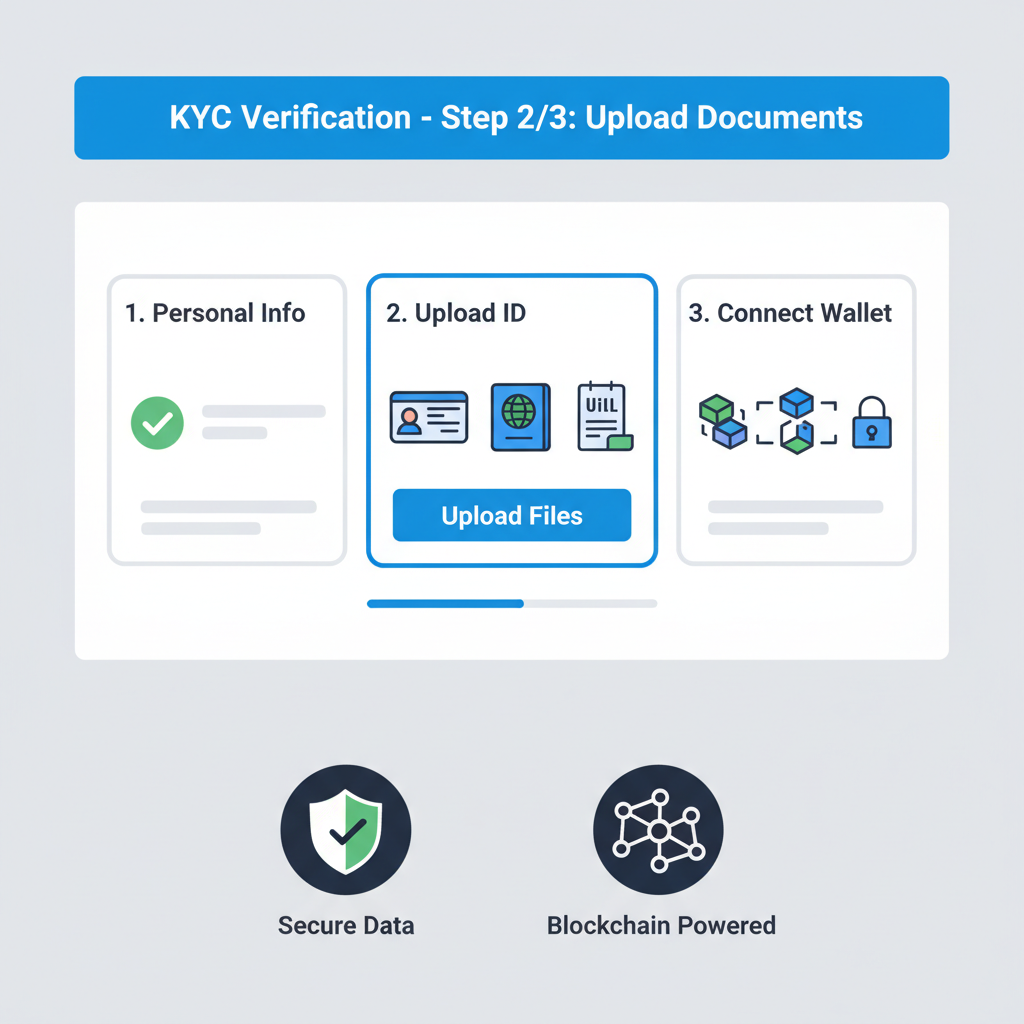 KYC verification form on trading platform, professional interface, ID documents and blockchain icons