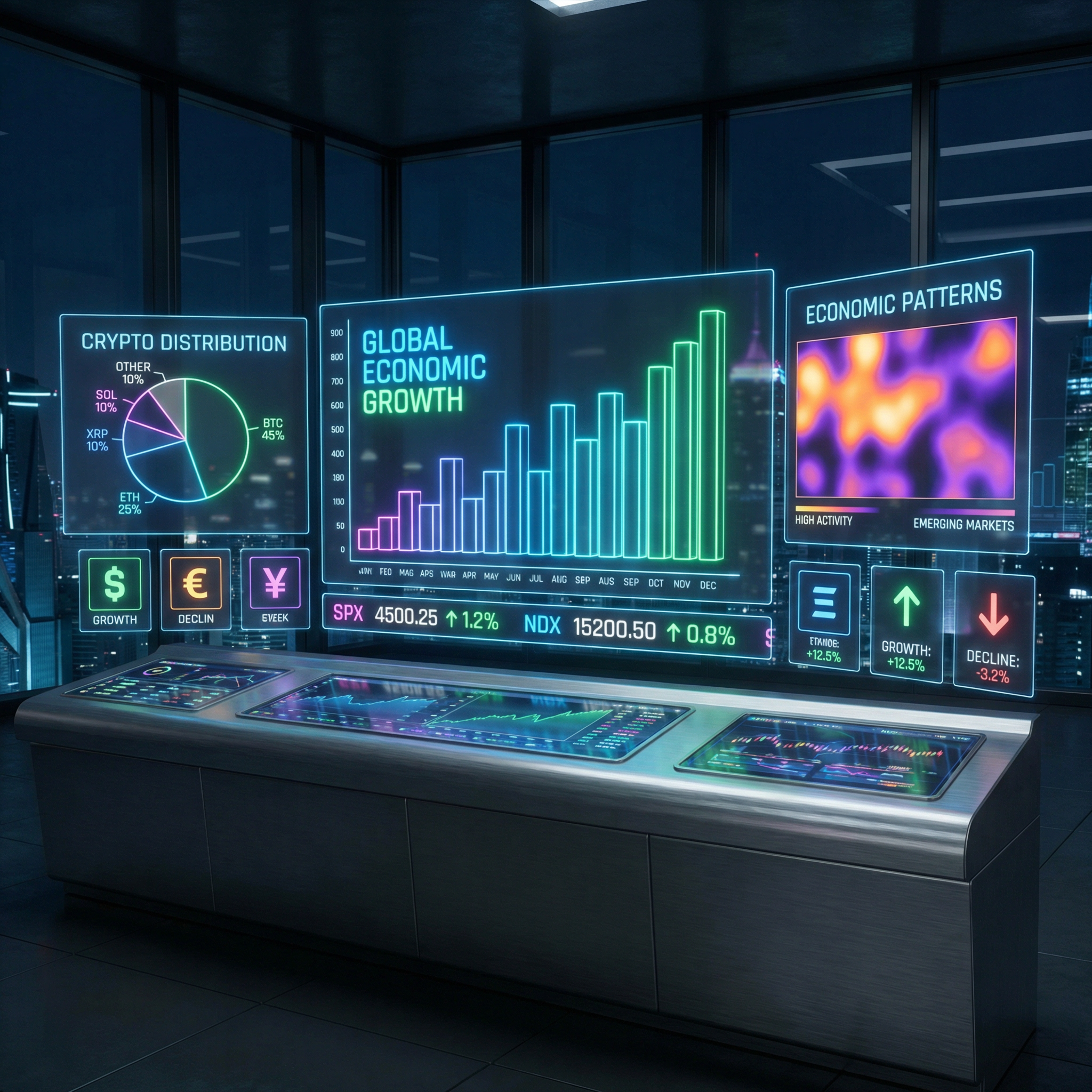 Futuristic blockchain trading dashboard for tokenized weather perpetuals (perps) hedging temperature and rainfall futures with crypto derivatives