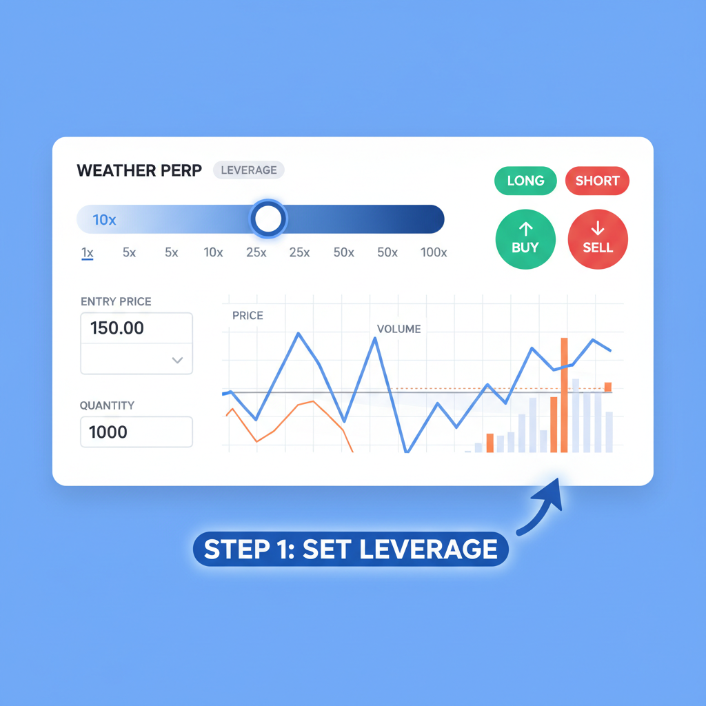 trading interface setting leverage slider for weather perp, entry order buttons, dynamic charts