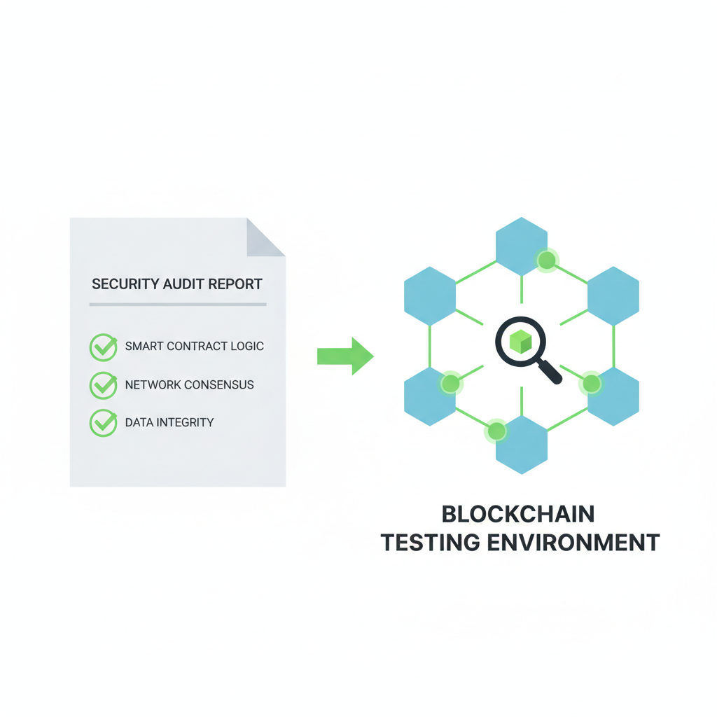 security audit report with green checks, blockchain testing environment