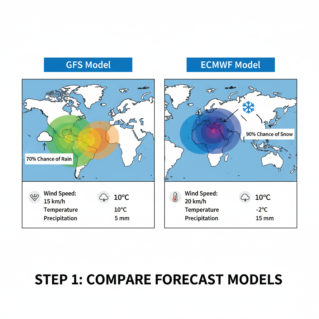 split screen comparing GFS and ECMWF weather forecast maps with probability overlays, meteorological data visualization