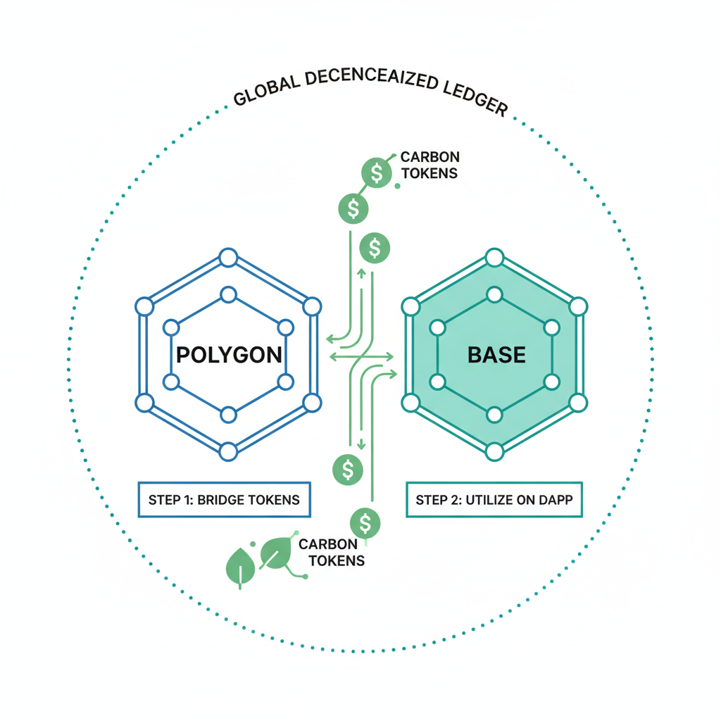blockchain network diagram with Polygon and Base chains, carbon tokens flowing