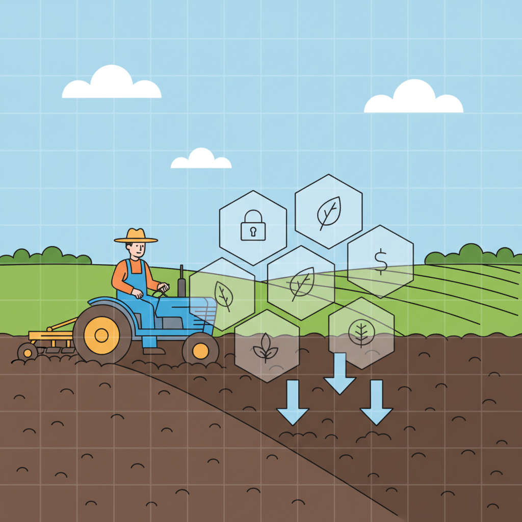 /imagine prompt: farmer tilling soil with carbon sequestration icons, green fields, blockchain overlay, realistic style --ar 16:9