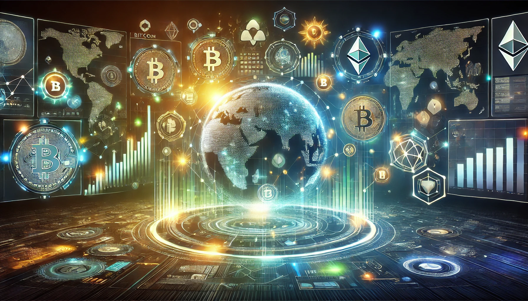 Vibrant illustration of tokenized carbon futures trading on blockchain with liquidity pools, DEX interfaces, AMM pools, perpetual swaps, delta-neutral hedging, and automated market making bots for climate risk hedging