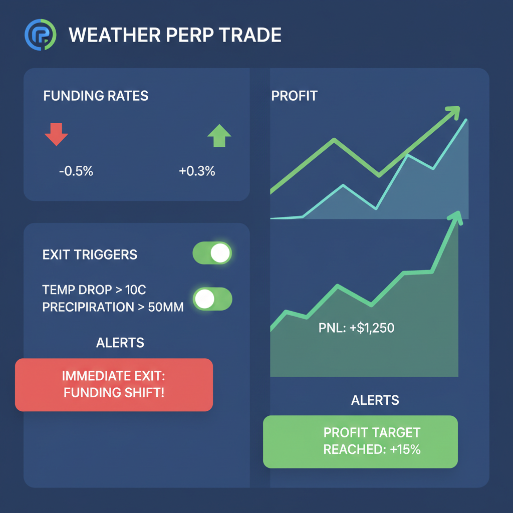dashboard monitoring funding rates and exit triggers for weather perp trade, alerts popping, green profit graphs