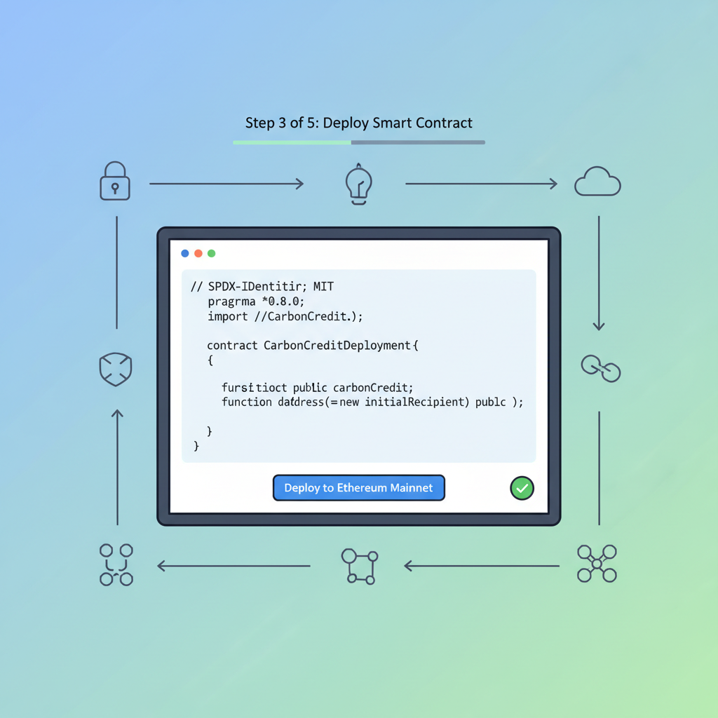 Solidity code snippet on screen with carbon credit smart contract deployment