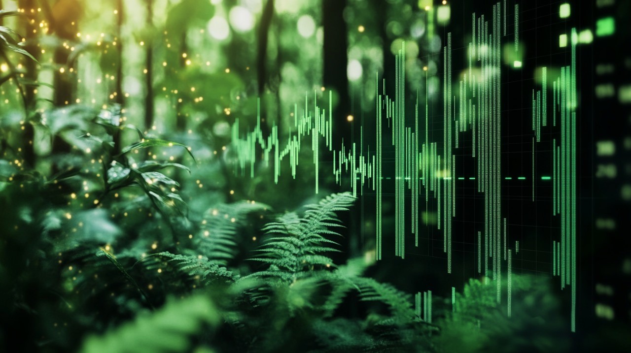 Vibrant digital illustration of blockchain network overlaying lush forests and flowing water sources, symbolizing tokenized carbon bonds for reforestation credits and water recovery projects in 2026