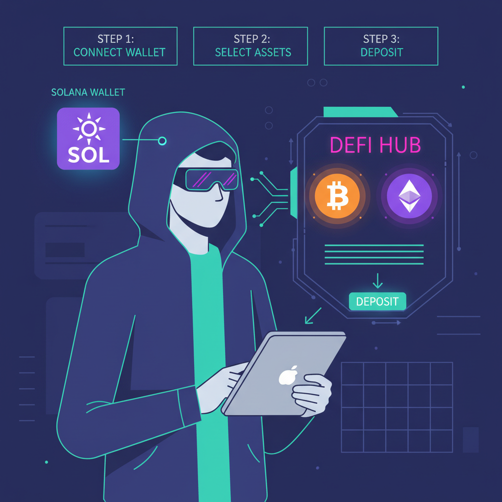 user connecting solana wallet to defi app, depositing BTC ETH icons glowing, cyberpunk style