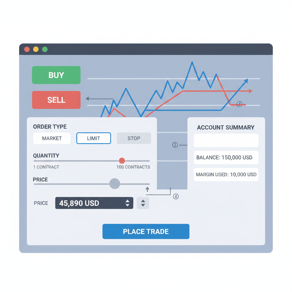 placing futures trade order, professional trading terminal, buttons and sliders