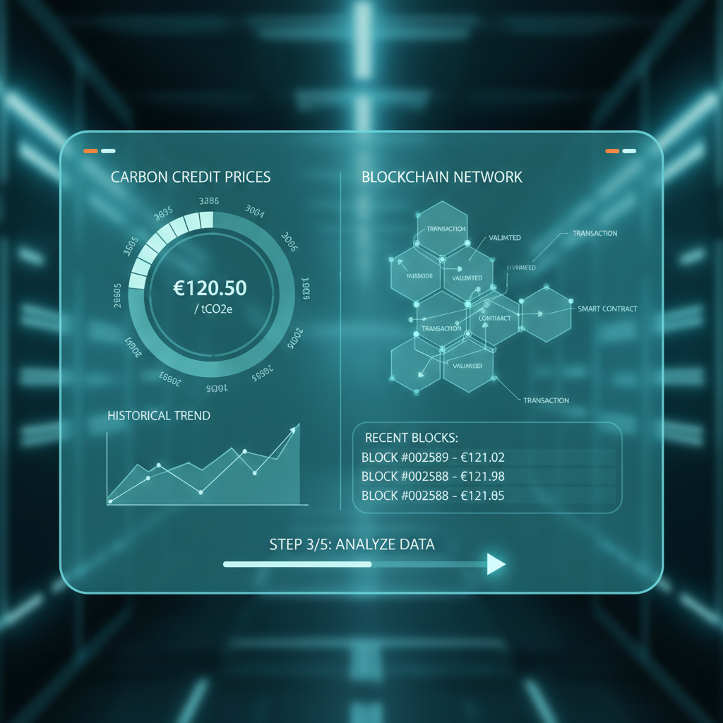 analytical dashboard showing carbon credit prices and blockchain charts, futuristic 2026 style