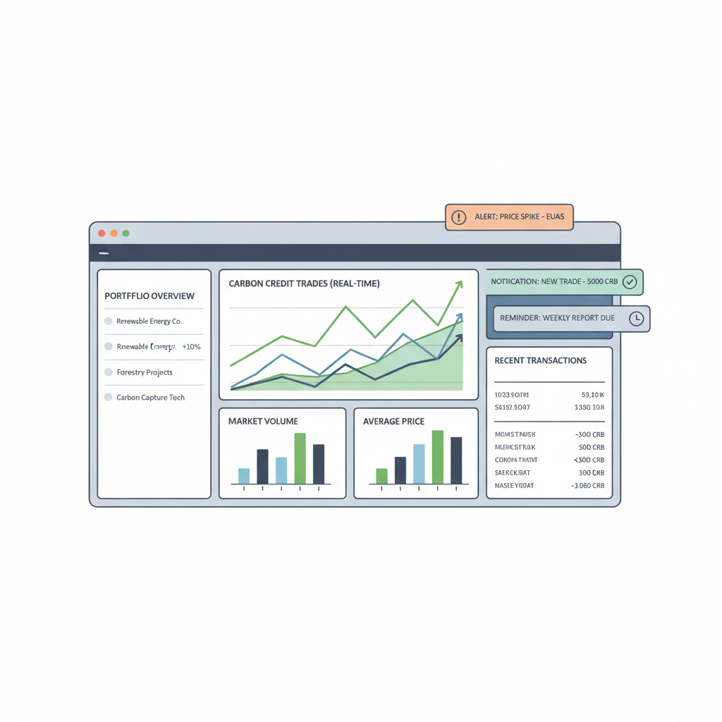 portfolio dashboard monitoring carbon trades, real-time charts, alert notifications popping up