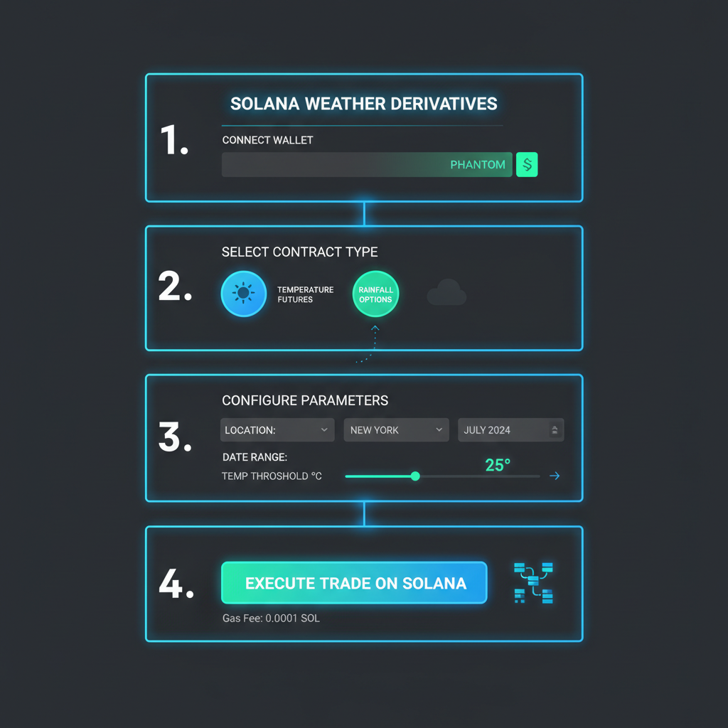 sleek solana blockchain platform dashboard for weather derivatives trading, futuristic UI, neon blues and greens